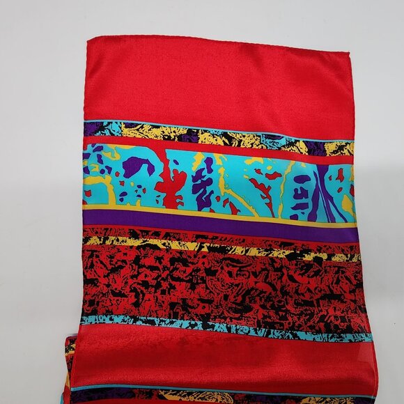 Bright Multicolor Abstract Pattern Silk Scarf With Red Teal Base Rectangle - Picture 8 of 8